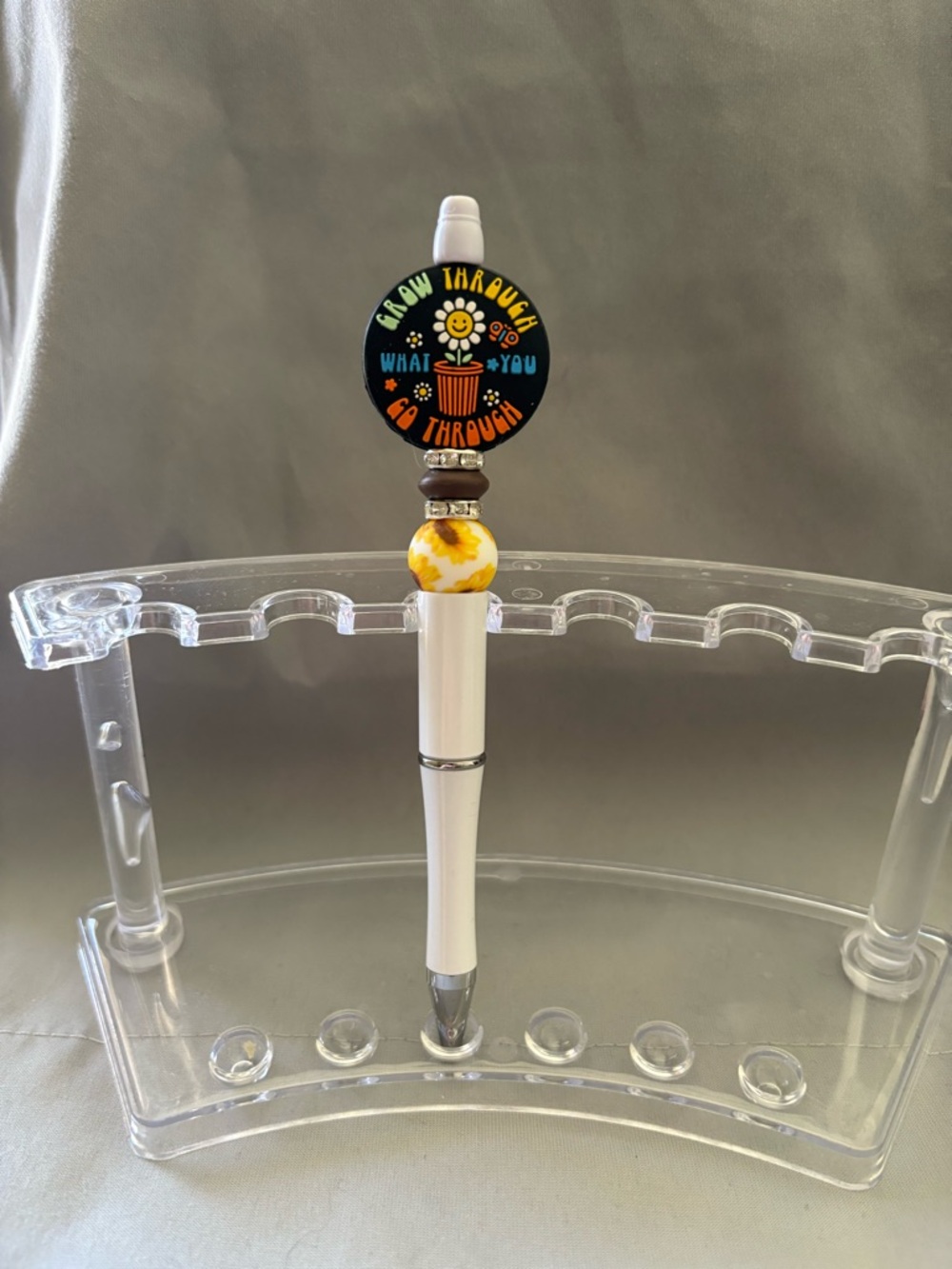 White Ballpoint Pen with Yellow Swirl Bead and Cheerful Topper